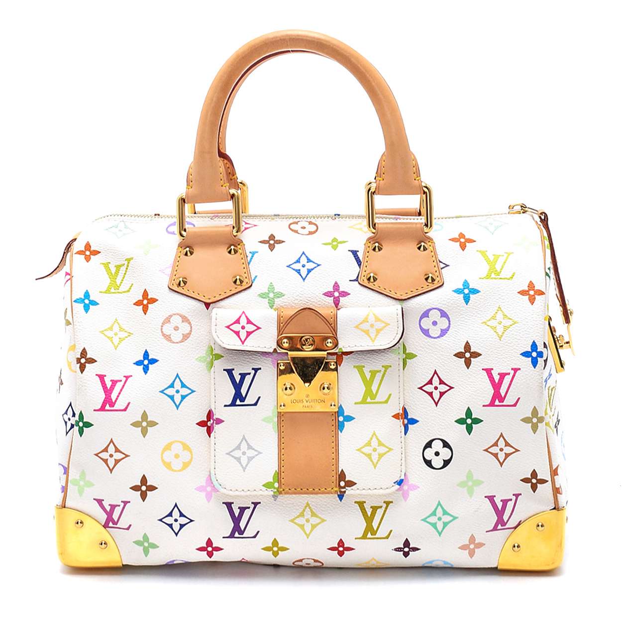 Louis Vuitton - White Monogram Multicolor Canvas Leather Speedy Bag